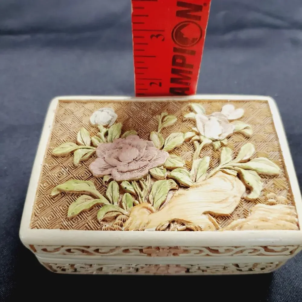 Vintage Ivory Cinnabar Floral Carved Trinket/Jewelry Box & Lid Purple Rose MCM